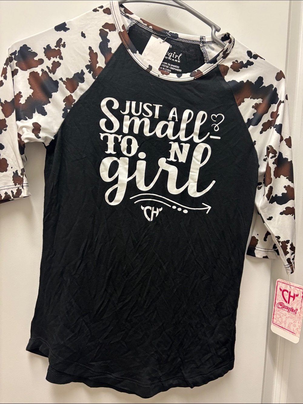 Black & Brown Cowprint Raglan Kids Shirt - "Just A Small Town Girl"